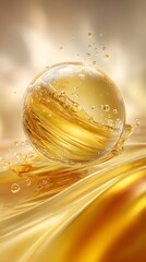 Golden liquid droplet suspended in motion with swirling amber waves and sparkling bubbles against a radiant warm background