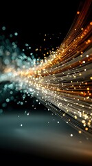 Dynamic Flow of Glowing Particles and Light Trails in Abstract Digital Art with Golden and Blue Hues Against Dark Background