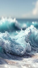 Crystal-clear ocean waves crashing onto the shore with frothy white foam under a bright blue sky and sparkling sunlight reflecting on the water surface