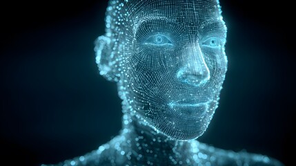 Digital human face composed of glowing blue particles and wireframe mesh against dark background representing futuristic artificial intelligence and advanced technology