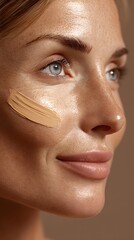 Close-up of a woman's face with foundation swatch on cheek highlighting natural skin tone and makeup application technique