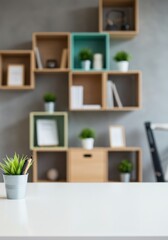 Empty Desk with Modern Interior Background