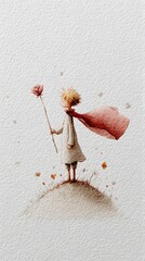 Whimsical watercolor illustration of a small child with blonde hair standing on a tiny hill holding a single rose with a flowing red cape in the wind
