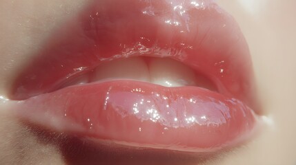 Close-up of glossy human lips with natural pink hue, visible moisture, soft skin texture, and subtle light reflection highlighting lip contours and inner mouth details