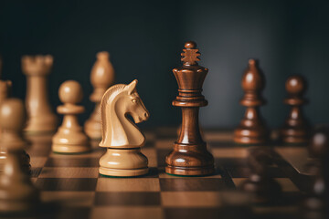 Strategic Standoff on the Chessboard: A chess game is frozen in time, with the knight and king in a dramatic face-off on the board, symbolizing the intricate dance of strategy, power, and intellect.