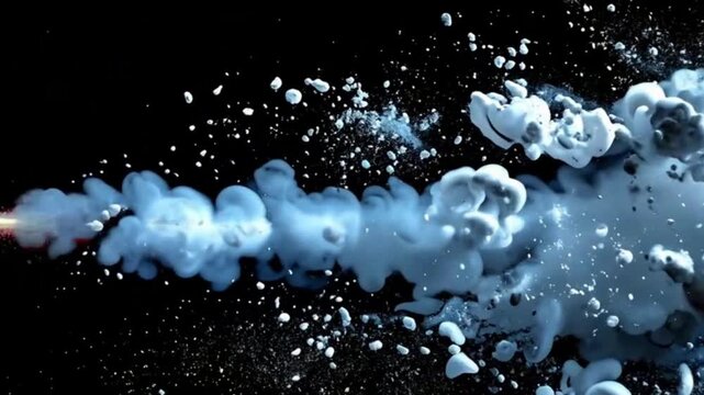 Slow motion close up of a bullet flying across the frame from right to left, leaving behind a dramatic trail of white dust and particles, captured with static camera and cinematic dramatic lighting