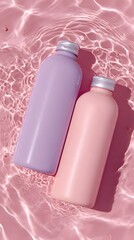Two pastel-colored water bottles in lavender and pink resting on a shimmering pink water surface with light reflections and ripples creating a serene aesthetic