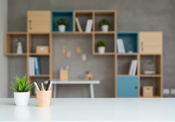 Empty Desk with Modern Interior Background