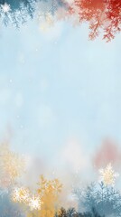 Winter wonderland scene with colorful snowflakes falling from the sky and vibrant frosty branches framing a serene blue background