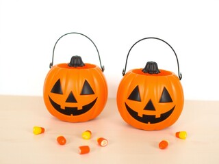 Two orange halloween pumpkin buckets with candy corn scattered around