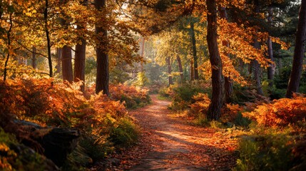 Obraz premium Scenic forest trail during autumn with golden leaves, sunlight, and tranquil atmosphere reflecting seasonal beauty, outdoor exploration, and peaceful natural environment