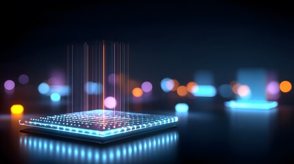 Futuristic holographic display projecting vibrant light beams from a glowing digital platform in a dark cybernetic environment with bokeh city lights