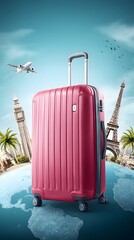 Red suitcase on globe with Eiffel Tower, Big Ben, airplane, palm trees, and world travel background symbolizing global adventure and vacation
