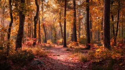Obraz premium Autumn woodland scenery with golden leaves and sunlight filtering through trees symbolizing peace, tranquility, and seasonal beauty in outdoor forest exploration