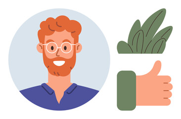 Smiling man with glasses and beard inside blue circle, green thumb-up gesture, and leafy decoration. Ideal for approval, acknowledgment, positivity, success, teamwork, feedback nature-related