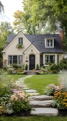 Charming cottage with black roof and white walls surrounded by lush green garden, stone pathway, blooming flowers, and mature trees in a serene suburban setting