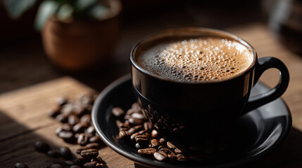 Aromatic Coffee in Dim Light: A black ceramic cup, brimming with rich, aromatic coffee, rests on a saucer, while roasted coffee beans provide a tactile counterpoint, creating a visual feast.