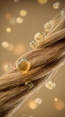 Close-up of golden blonde hair strands with transparent droplets reflecting light against a warm bokeh background highlighting hair care and beauty