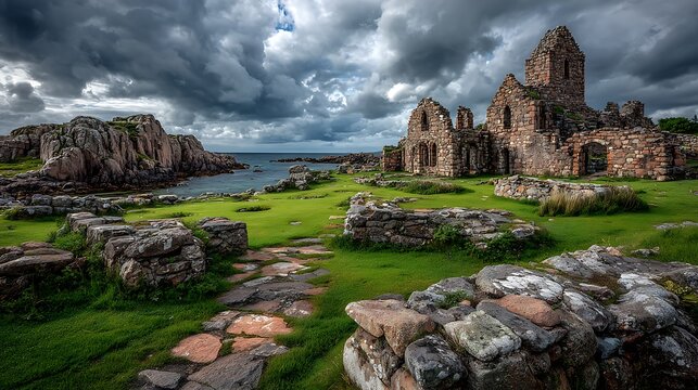 Ruins of dunure castle on a green field with a cloudy sky and rocky coast in the background view nature