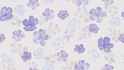 Floral seamless pattern featuring scattered Cape leadwort flowers and translucent leaves against a soft solid gray background