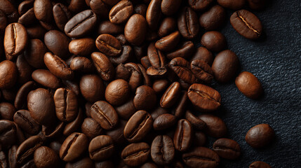 Fototapeta premium Roasted Coffee Beans: A close-up view reveals a captivating cluster of rich, roasted coffee beans, each with its unique texture and inviting aroma. A symbol of energy.