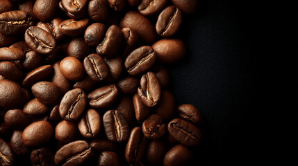 Obraz premium Coffee Beans on Dark Background: A close-up shot showcases a pile of roasted coffee beans, each perfectly formed, spilling across a dark background, creating a rich and inviting visual experience.