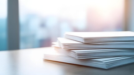 A stack of crisp white papers rests on a light-toned surface, softly illuminated by natural light filtering through a window, creating a serene and organized workspace atmosphere.