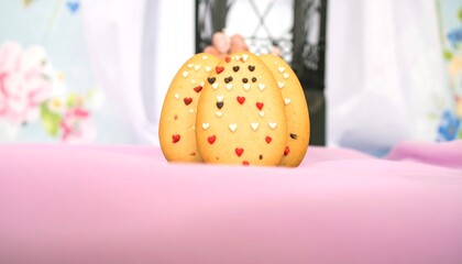 Three decorated egg-shaped cookies on a pink surface