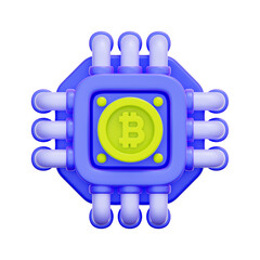 3D icon of a computer chip with a Bitcoin symbol For bitcoin technology, blockchain processing, cryptocurrency hardware, ASIC chip.