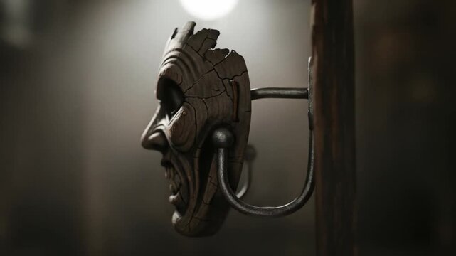 Wooden mask door knocker cracked face metal handle dark setting