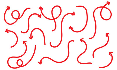 Red arrows crayon doodle chalk icon  .Curved arrows hand drawn collection. Red hand drawn arrows in looping, swirling, and curved directions, useful for highlights, notes, and creative designs.

