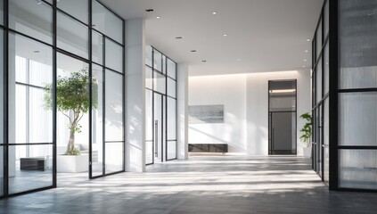 Modern, bright hallway with large windows