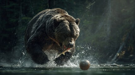 Bear hunting fish in river