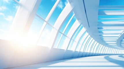 Obraz premium Modern architectural interior showcasing curved glass walls with bright sunlight and blue sky