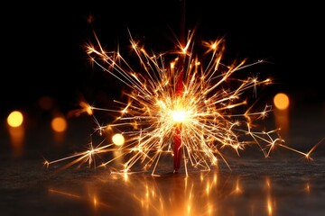 Obraz premium A sparkler burning with bright golden sparks against a dark background reflected on a surface