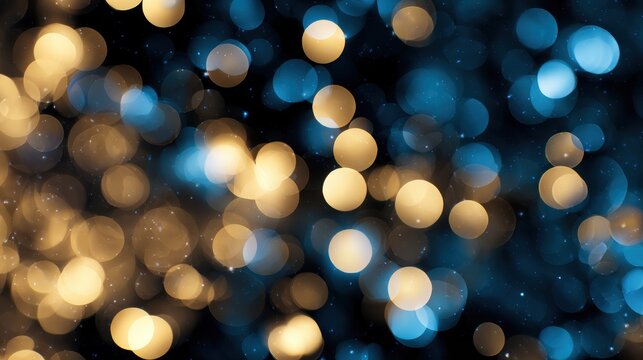 Abstract bokeh lights in blue and gold create a vibrant background for festive or celebratory themes