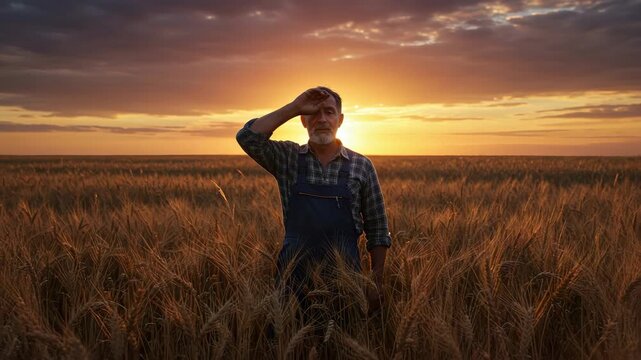 An Elderly Farmer Inspecting Golden Wheat Field at Sunset with Orange Sky in Overalls and Gingham Shirt Under Warm Light Agriculture and Harvest Theme