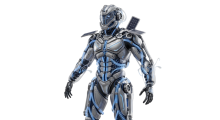 A hyper-realistic futuristic wearable exoskeleton that enhances mobility while generating renewable energy, neutral white background