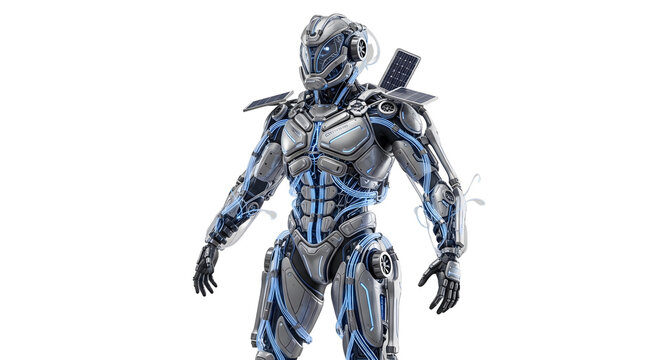 A hyper-realistic futuristic wearable exoskeleton that enhances mobility while generating renewable energy, neutral white background