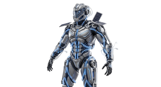 A hyper-realistic futuristic wearable exoskeleton that enhances mobility while generating renewable energy, neutral white background