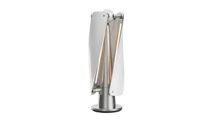 A compact futuristic home wind turbine with foldable blades, sleek sustainable design, isolated on white background