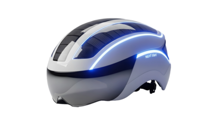 Advanced bicycle helmet with integrated blue led lighting strips and a sleek aerodynamic design, isolated on transparent background