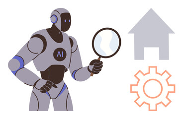 AI robot examining data using a magnifying glass, with a gear and house symbol, representing analysis, innovation, and automation. Ideal for technology, AI, research, problem-solving efficiency