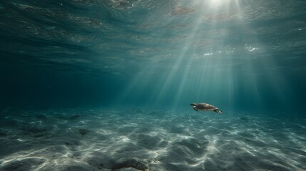 A serene underwater scene showcases a sea turtle gliding through sunlit, tranquil water.