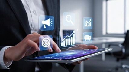Marketing strategy and digital advertising concept. businessman using tablet with icons of SEO, AI, targeting, and analytics for optimizing campaign performance and increasing customer engagement - Powered by Adobe