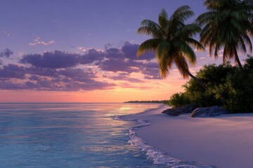 Fototapeta premium A tranquil beach scene with palm trees a soft sunset and gentle waves washing ashore