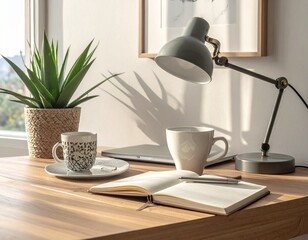 Cozy Morning Workspace with Coffee, Notebook, and Houseplant by Sunlit Window
