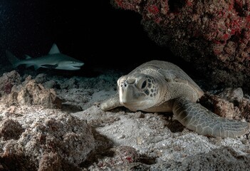 Underwater scene of a turtle and shark