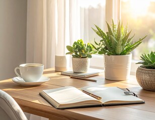 Cozy Morning Workspace with Coffee, Notebook, and Houseplant by Sunlit Window