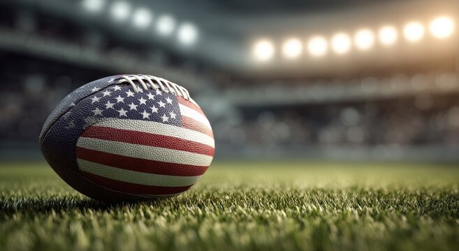 American football with USA flag design on a stadium field - Powered by Adobe